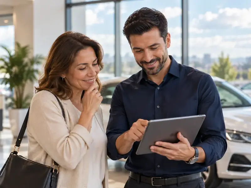 Showroomda tablete birlikte bakan iki kişi