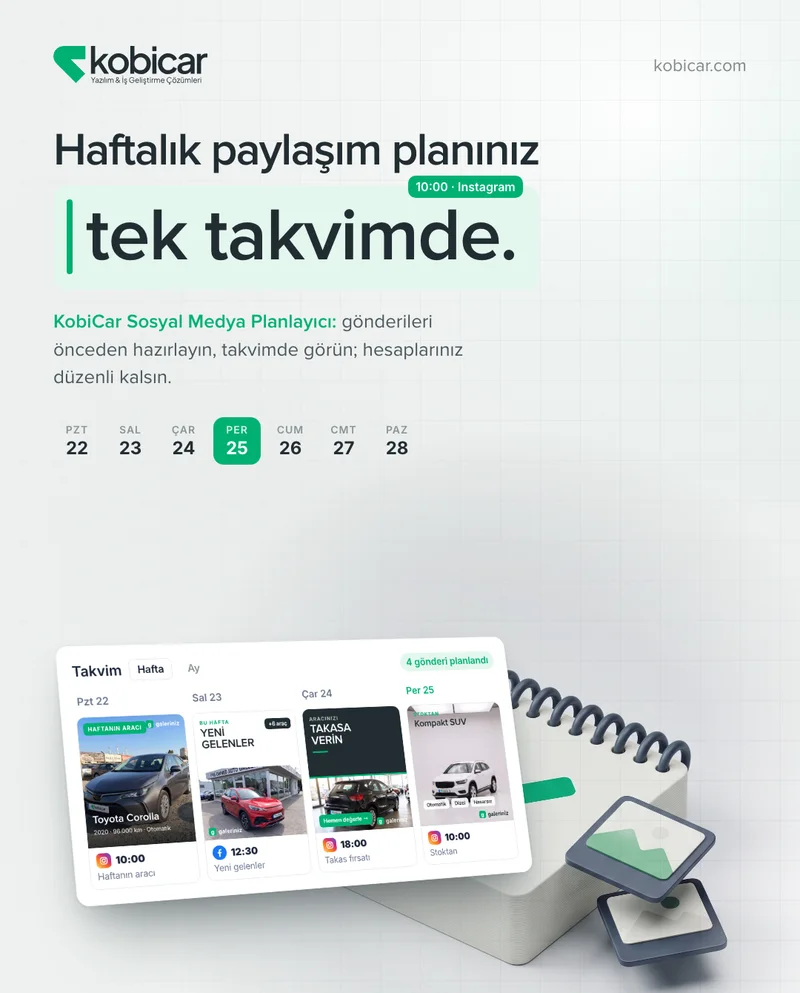 KobiCar Instagram gönderisi: Sosyal Medya Planlayıcı, haftalık paylaşım planı tek takvimde