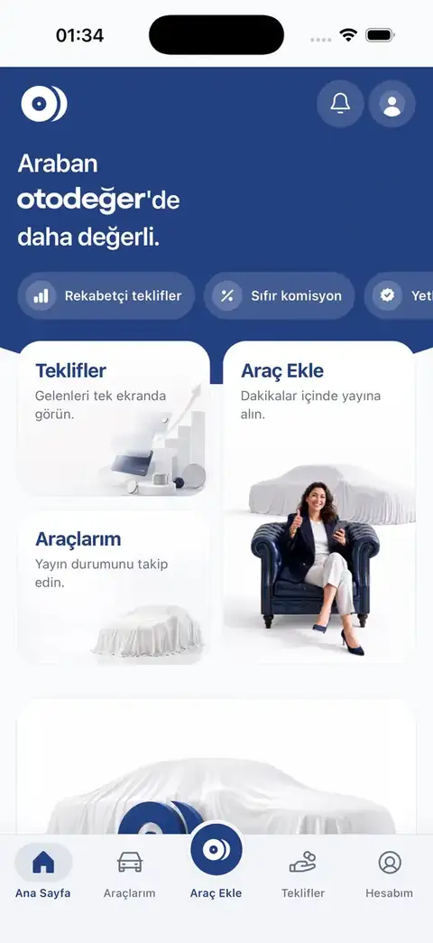 OtoDeğer uygulamasının ana ekranı