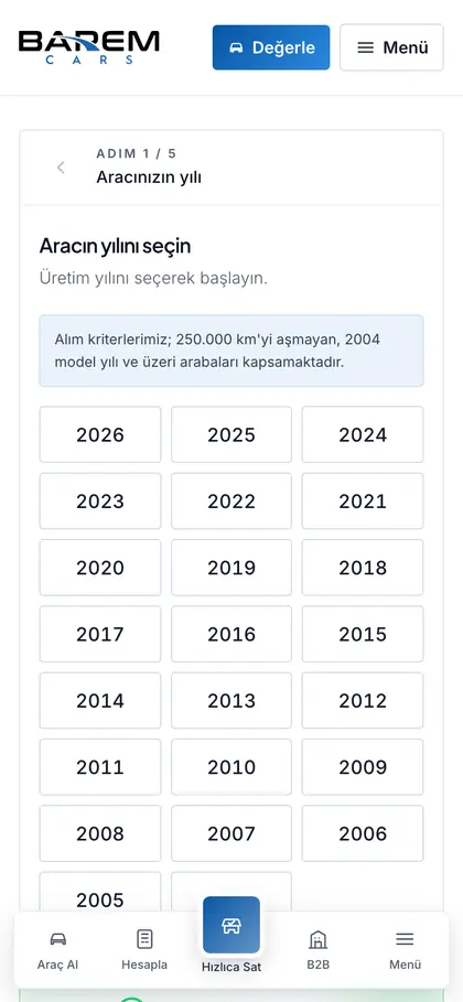 Barem Cars sitesinde değerleme sihirbazının ilk adımı