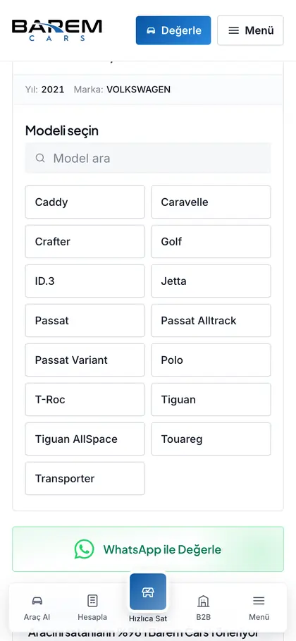 baremcars.com değerleme adımı: Model