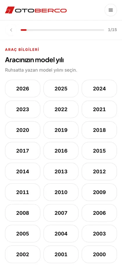 OtoBerco sitesinde değerleme sihirbazının ilk adımı