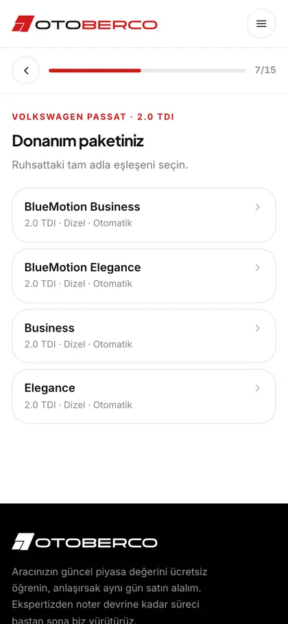 otoberco.com değerleme adımı: Donanım paketi