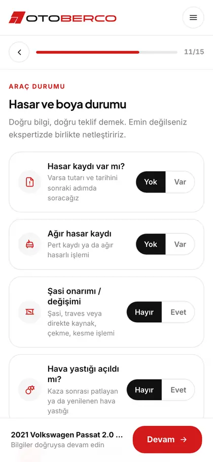 otoberco.com değerleme adımı: Hasar durumu