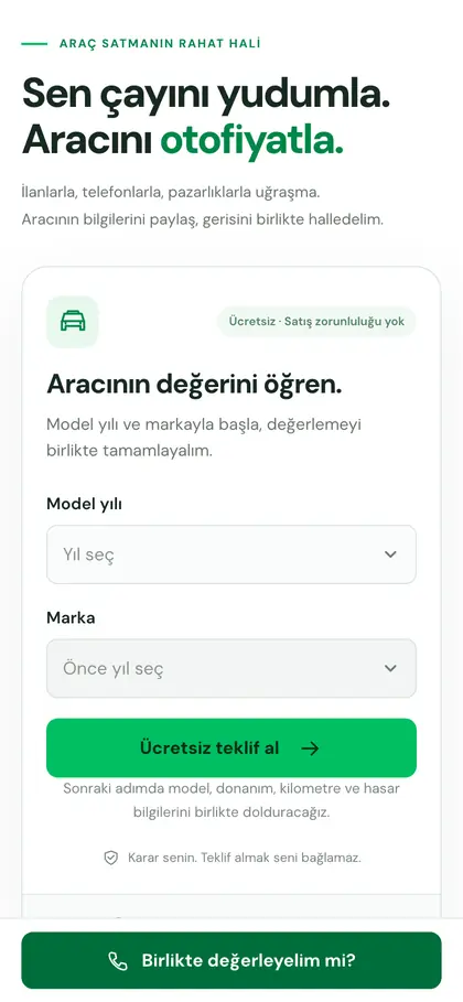 OtoFiyatla sitesinde değerleme formu