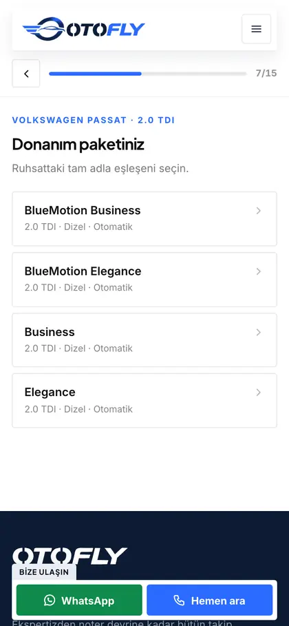 otofly.com.tr değerleme adımı: Donanım paketi