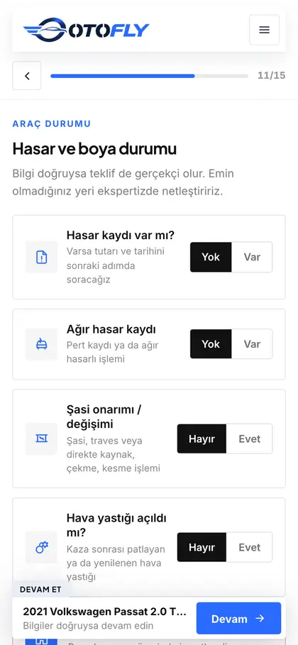 otofly.com.tr değerleme adımı: Hasar durumu
