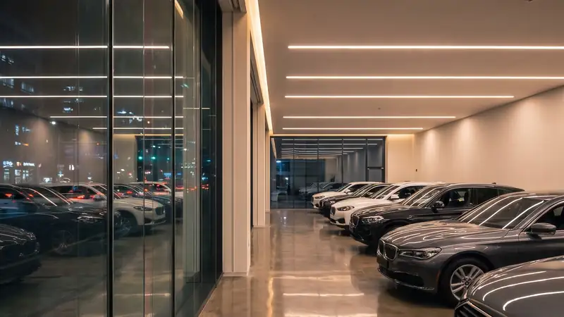 Işıklı showroomda sıralı araçlar