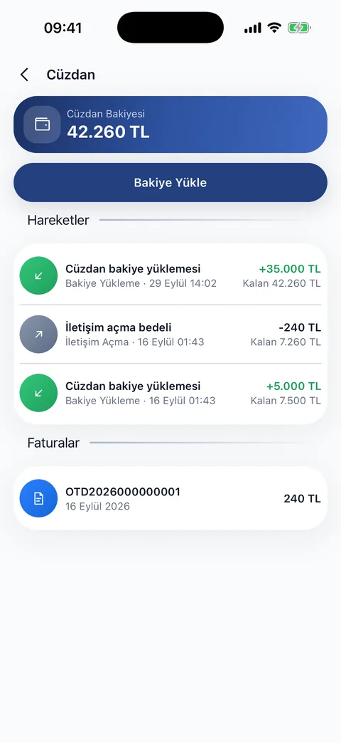 Galerinin uygulama içi cüzdanı ve faturaları