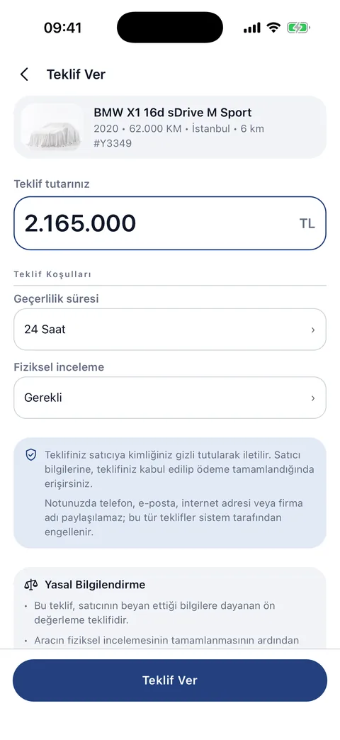 Galerinin teklif verme ekranı