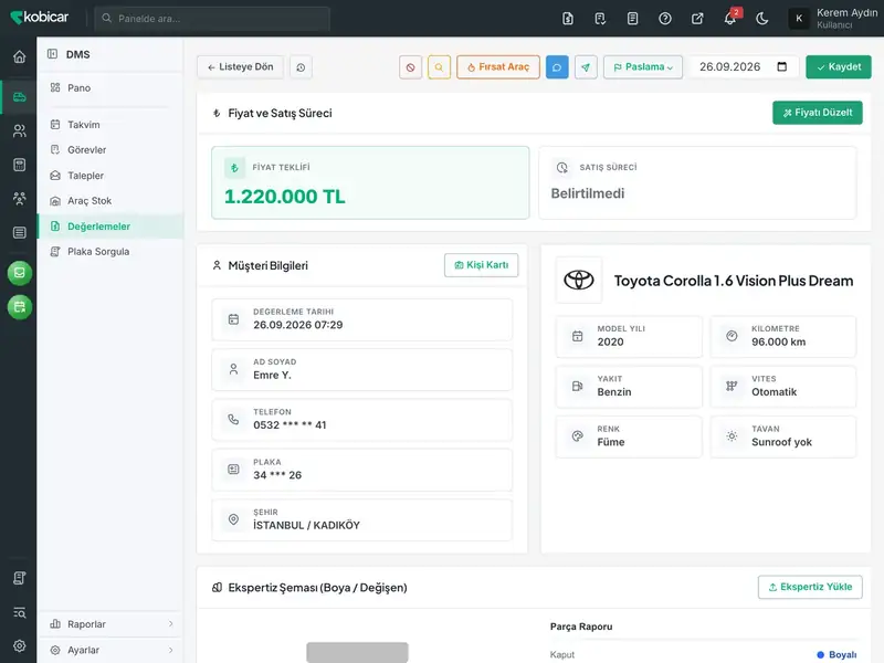 KobiCar DMS değerleme kaydı ekranı