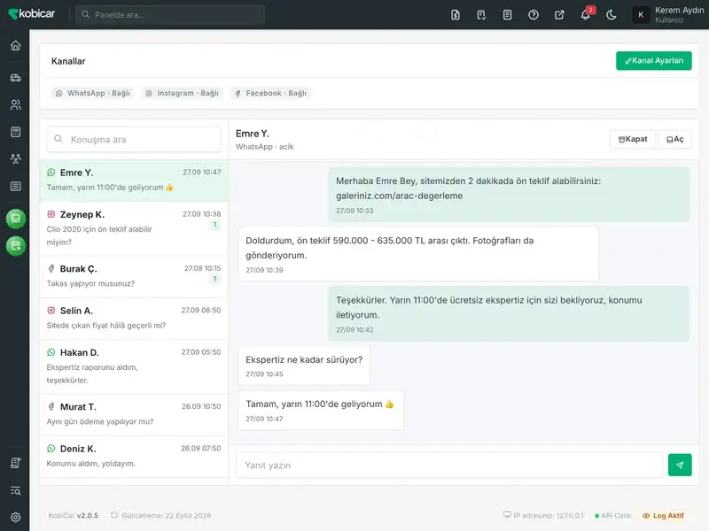 KobiCar DMS gelen kutusu: WhatsApp ve Instagram mesajları tek ekranda