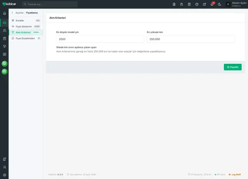 Alım Kriterleri ve Fiyat Kuralları: panel ekranı