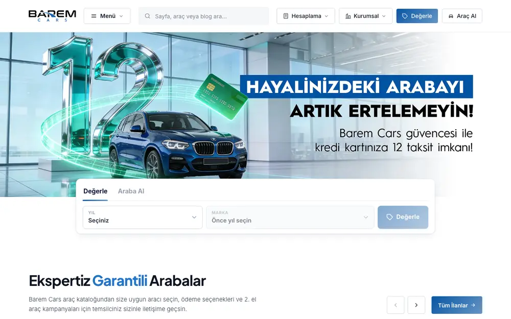 Barem Cars ana sayfası ve araç değerleme formu