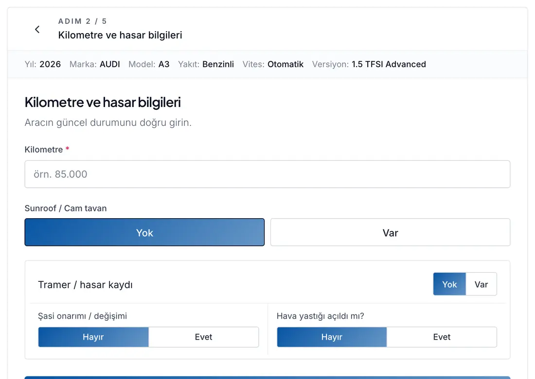 Kilometre, renk, hasar ve tramer durumu