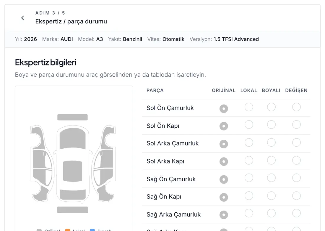On bir parça üzerinden boya ve değişen kaydı