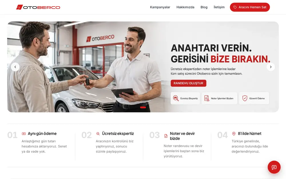 OtoBerco ana sayfası ve araç satın alma süreci