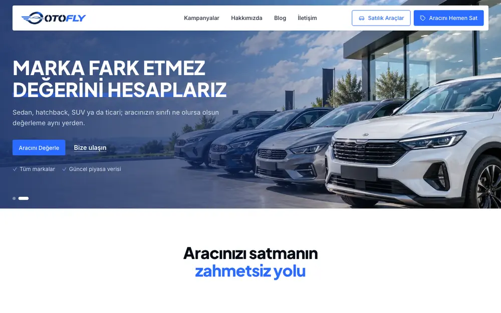 OtoFly ana sayfası ve araç değerleme girişi